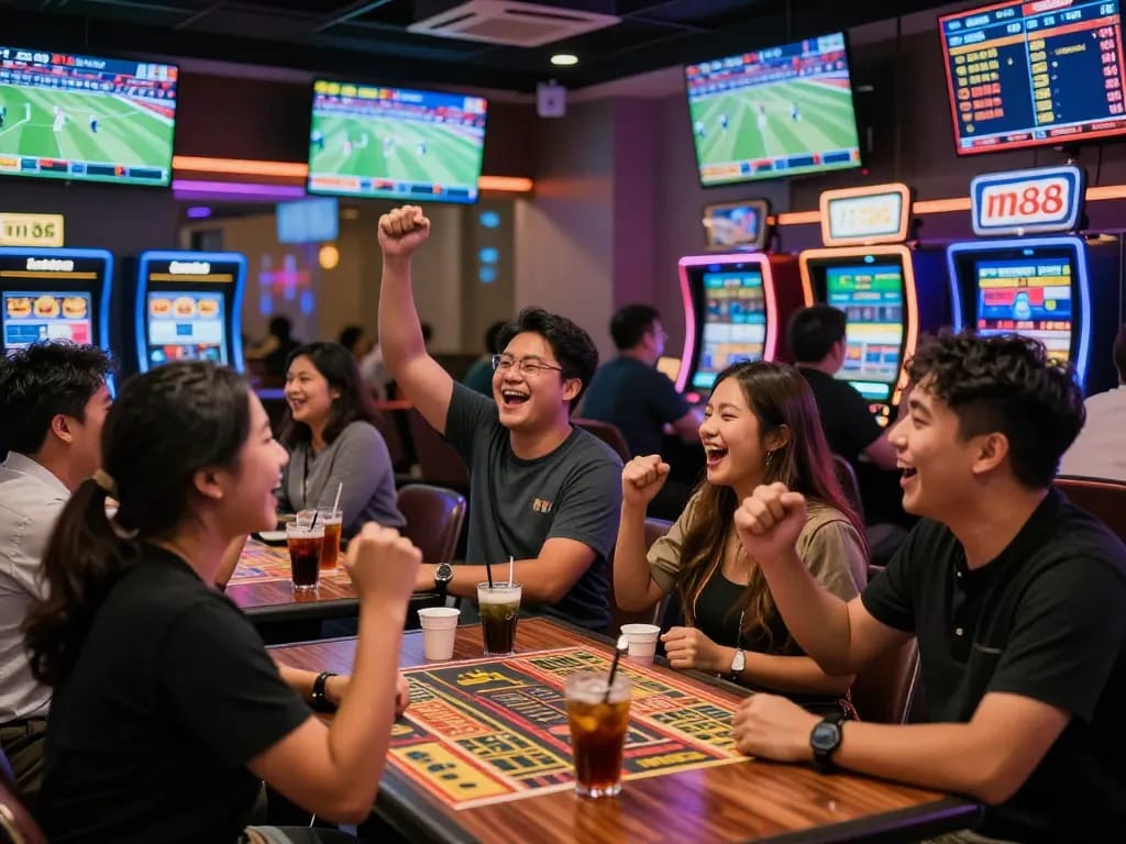 Keceriaan taruhan di bar olahraga m88 Indonesia dengan teman-teman bersorak dan pertandingan langsung ditampilkan.