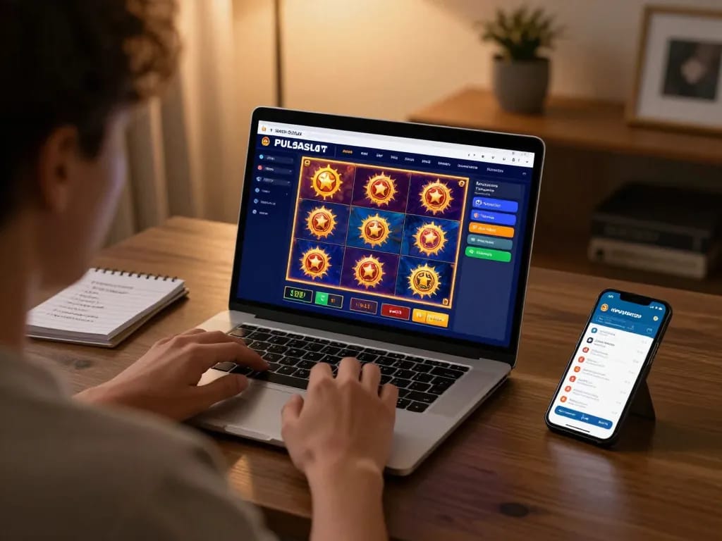 PULSASLOT gaming scene with player engaged in online slots and betting strategies.