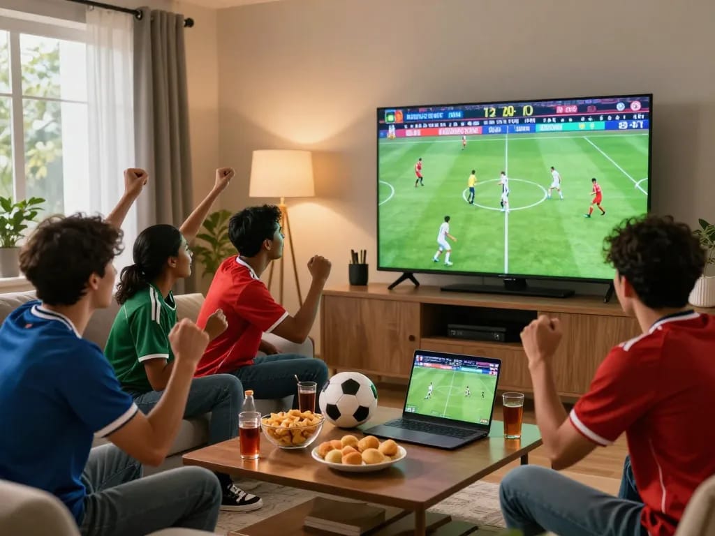 Football fans watching lương sơn tv in a cozy living room with snacks and excitement.