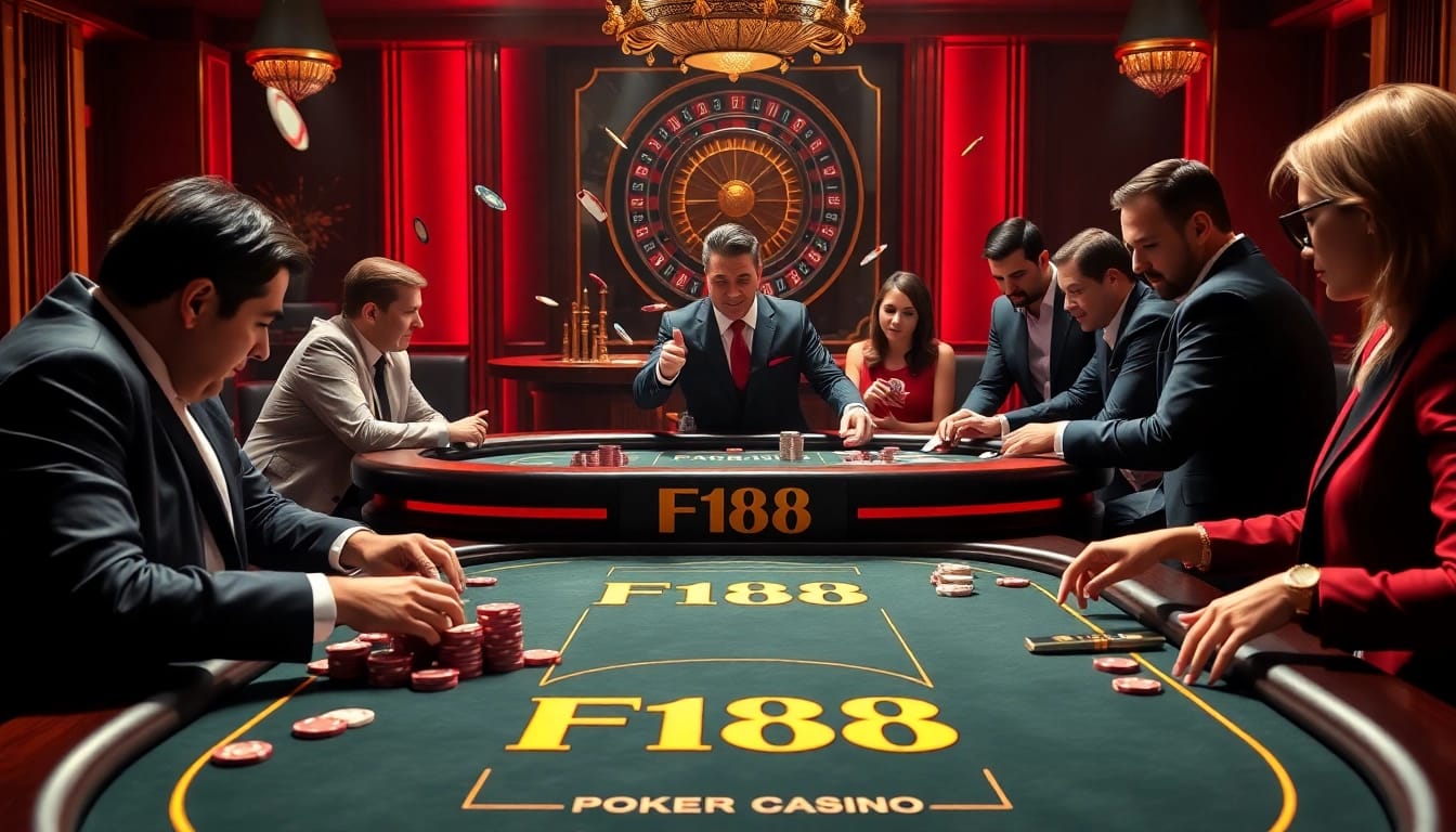 Experience high-stakes gaming at F168's luxurious poker table with excited players and vibrant action.