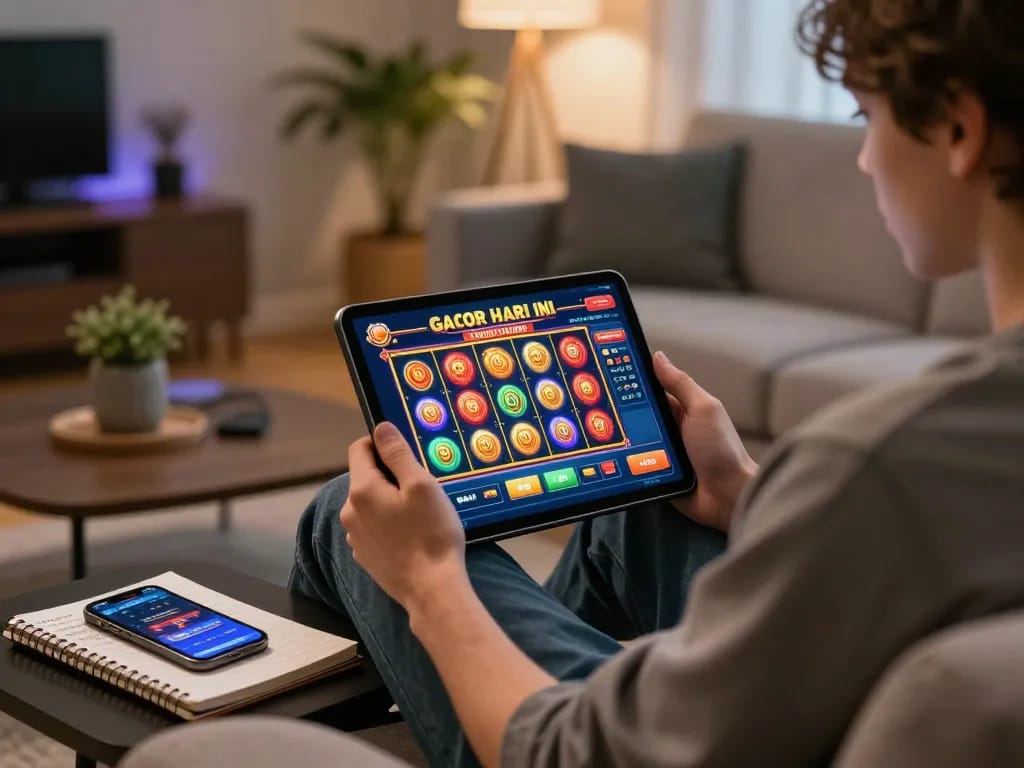 Orang bermain slot gacor hari ini secara online di tablet dalam suasana rumah yang nyaman, fokus dan strategis.