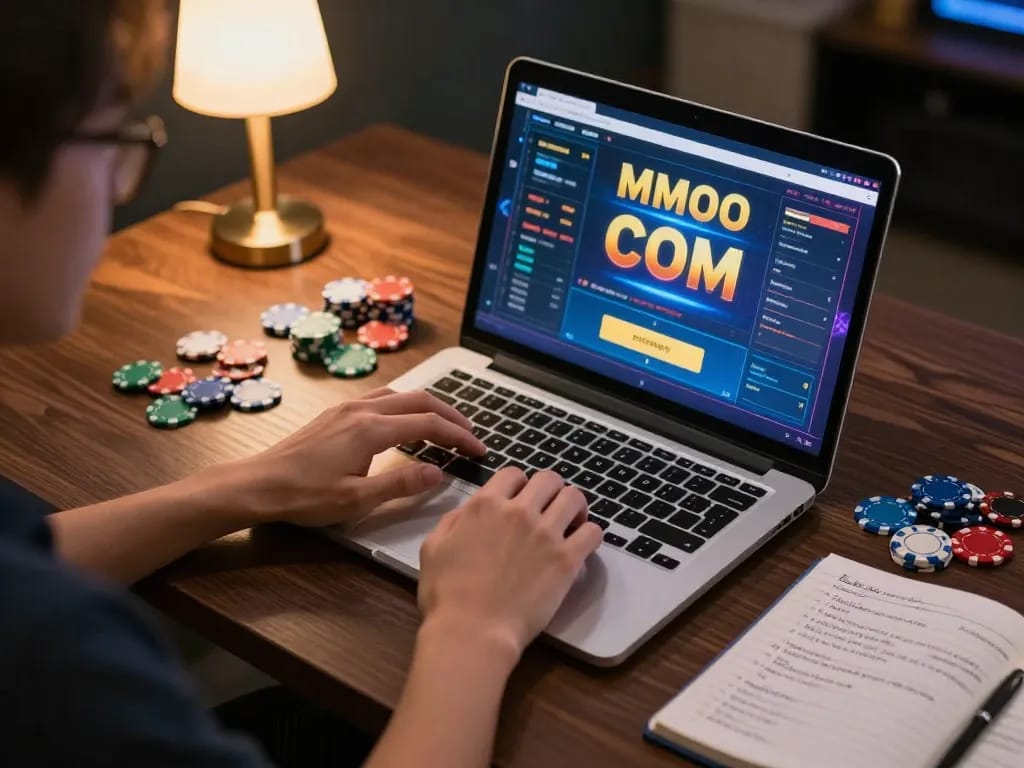 Player engaged in online gaming with MMOO COM interface and winning strategy notes visible