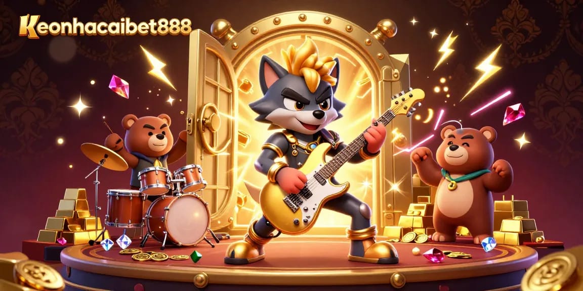 Experience the excitement of keonhacaibet888 with a vibrant 3D illustration capturing a rock star wolf and dazzling casino elements.