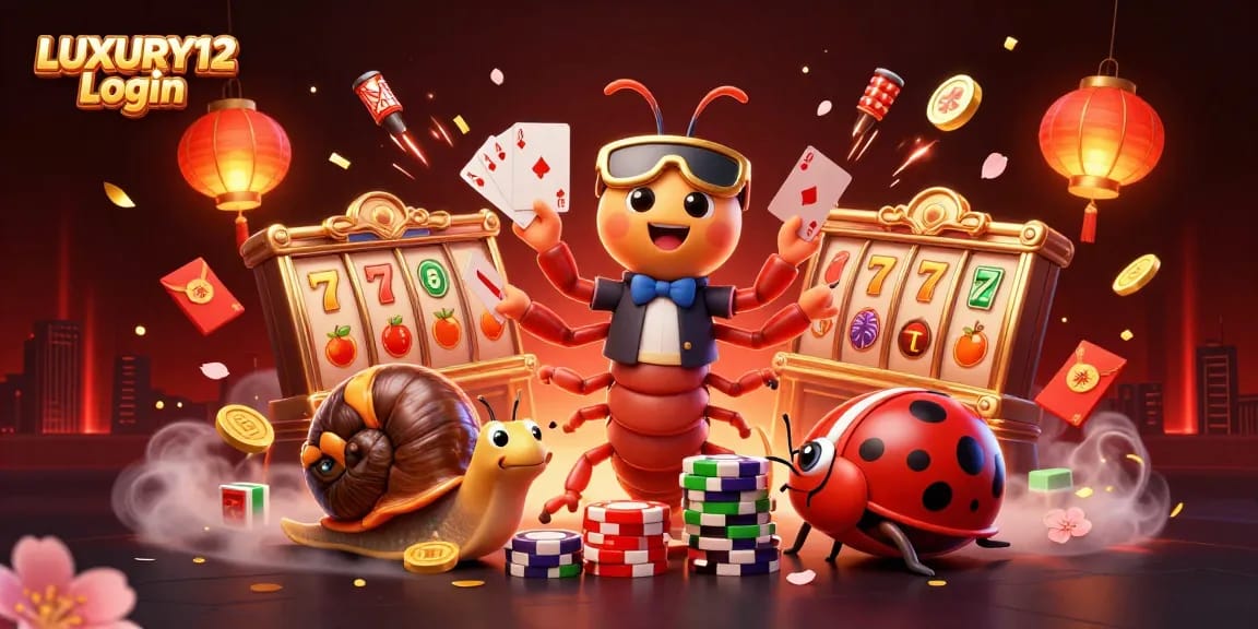 LUXURY12 Login showcases a vibrant scene with a cartoon millipede dealer and winning casino elements, creating excitement for gamblers.
