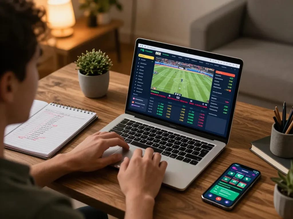 Engaged player using fabet for live sports betting on a laptop, strategically planning wagers.