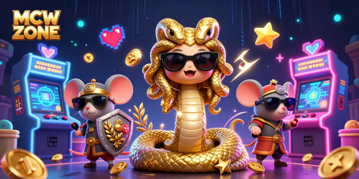 Engage with MCW ZONE for exciting games, including Medusa and warrior characters in a vibrant casino scene