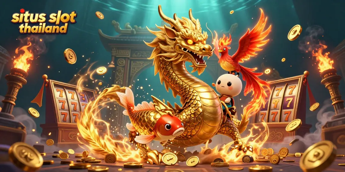 Engage with situs slot thailand elements in a vibrant 3D casino illustration featuring dragons and gold coins.