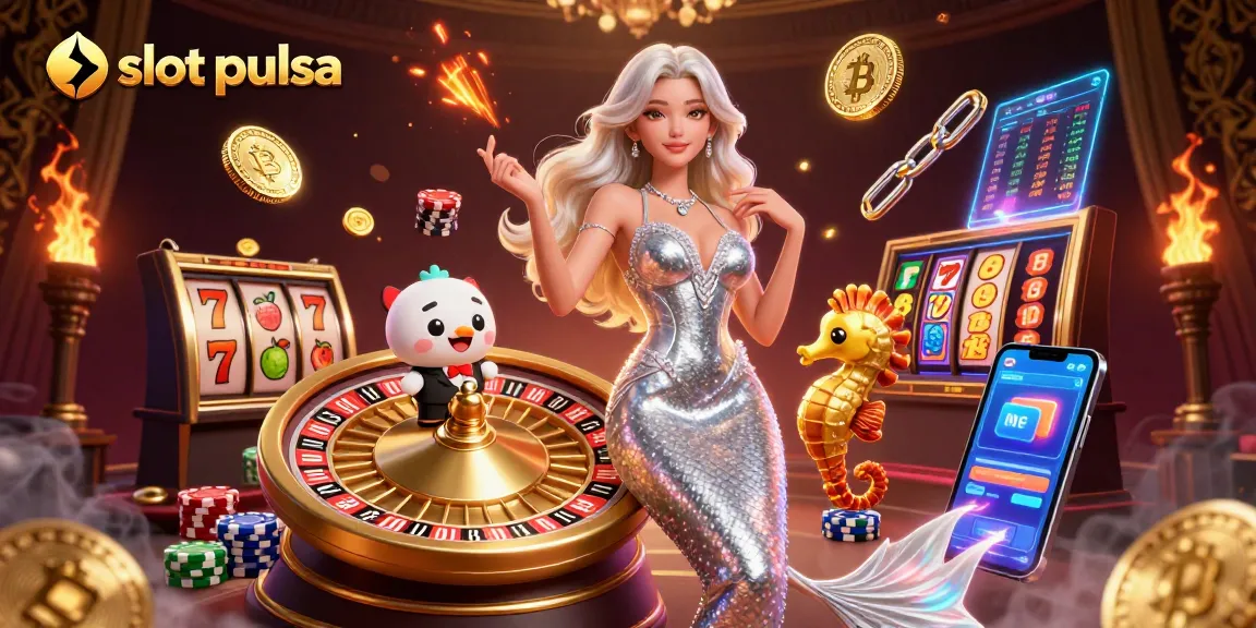 Engage in thrilling slot pulsa action with vibrant 3D characters and casino elements around golden roulette.
