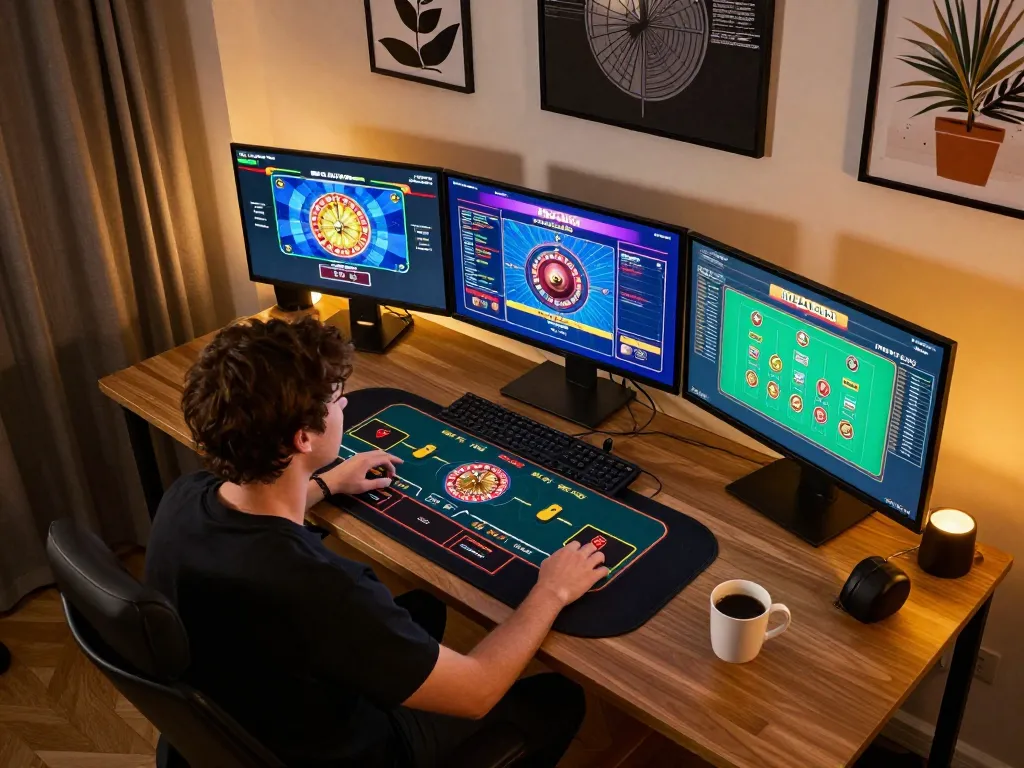 Pemain yang terlibat berpartisipasi dalam roulette dealer langsung di jalatogel, laptop menampilkan antarmuka permainan aktif dalam pengaturan modern yang nyaman.
