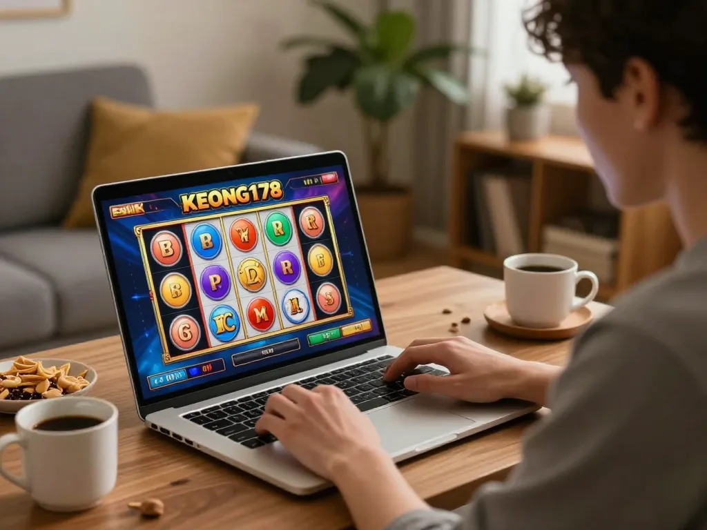 Player immersed in KEONG178 slots gameplay at home, showcasing vibrant reels and engaging atmosphere.