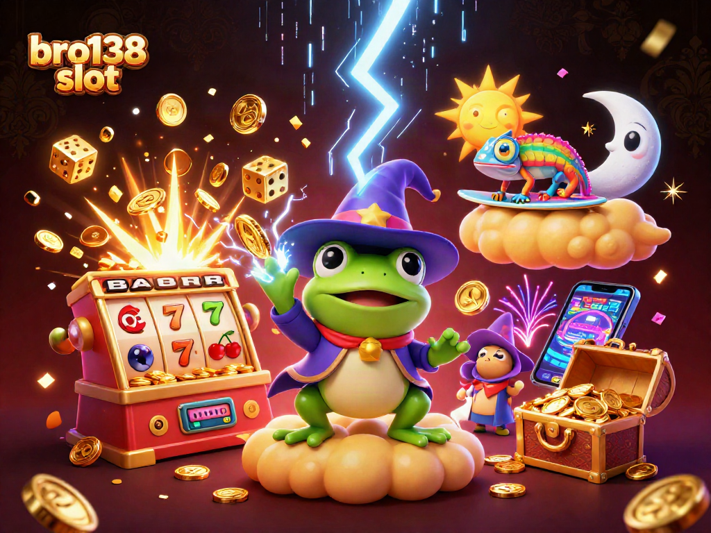 Spin and win with bro138 slot: a magical 3D illustration of a frog wizard amidst golden coins.