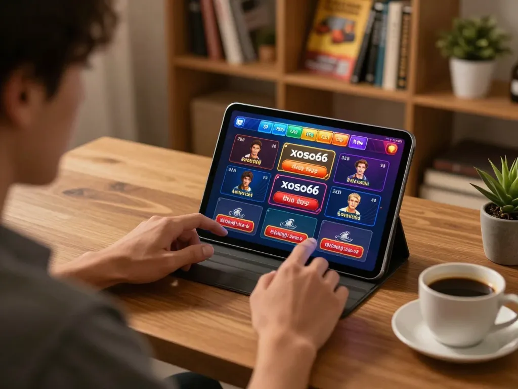 xoso66 đăng nhập on tablet during an exciting online gaming session in a cozy home office.