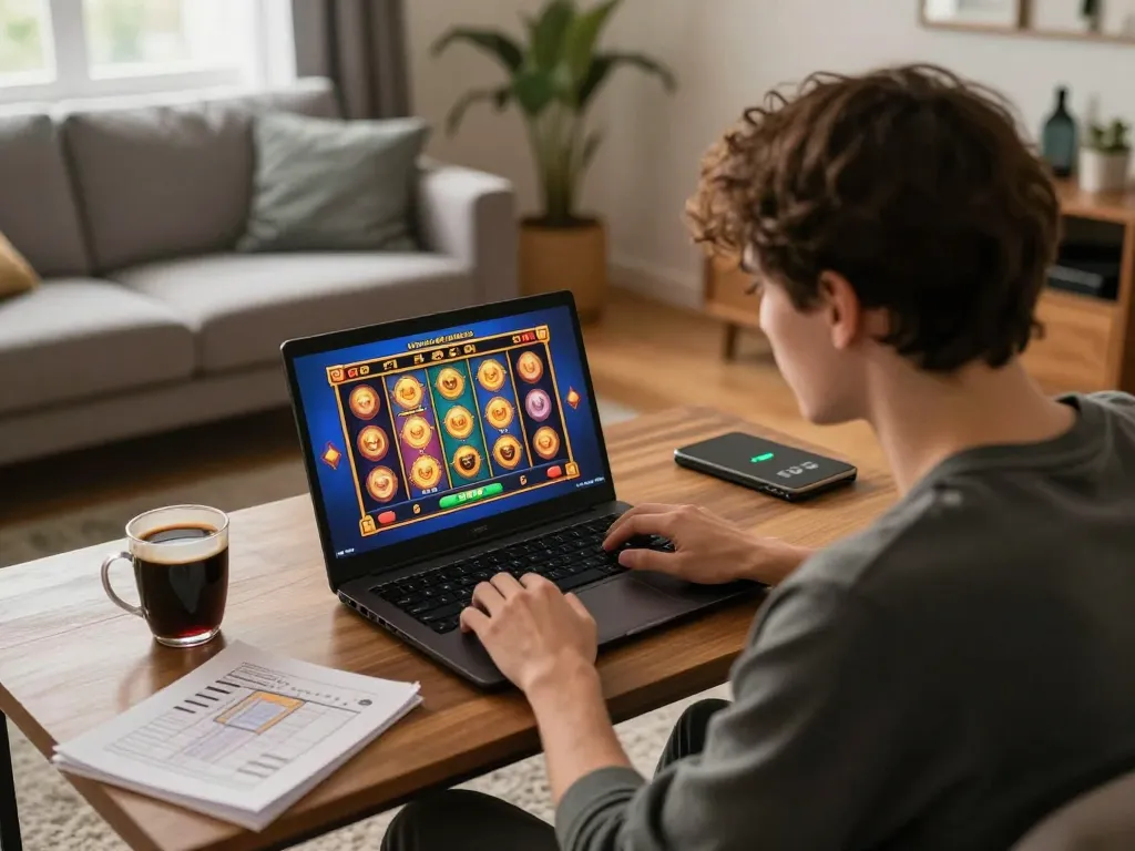 Experience thrilling gameplay on Indrabet as a player spins a slot game at home, enjoying the colorful graphics and cozy environment.