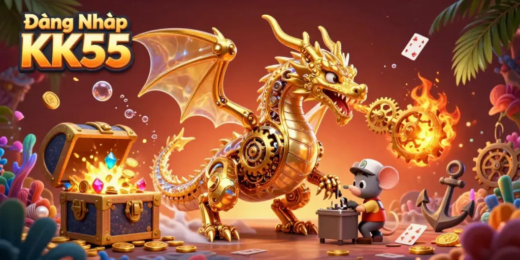 Experience Đăng Nhập KK55 with a captivating 3D illustration featuring a dragon and vibrant casino elements.