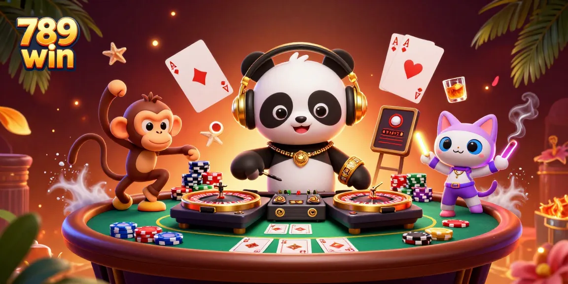 Experience thrilling gaming with 789 win as DJ panda spins at a vibrant casino party.