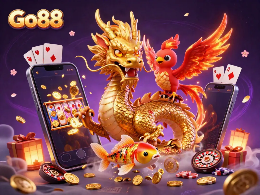 Engage with Go88's fierce dragon and phoenix in a vibrant casino-themed illustration.
