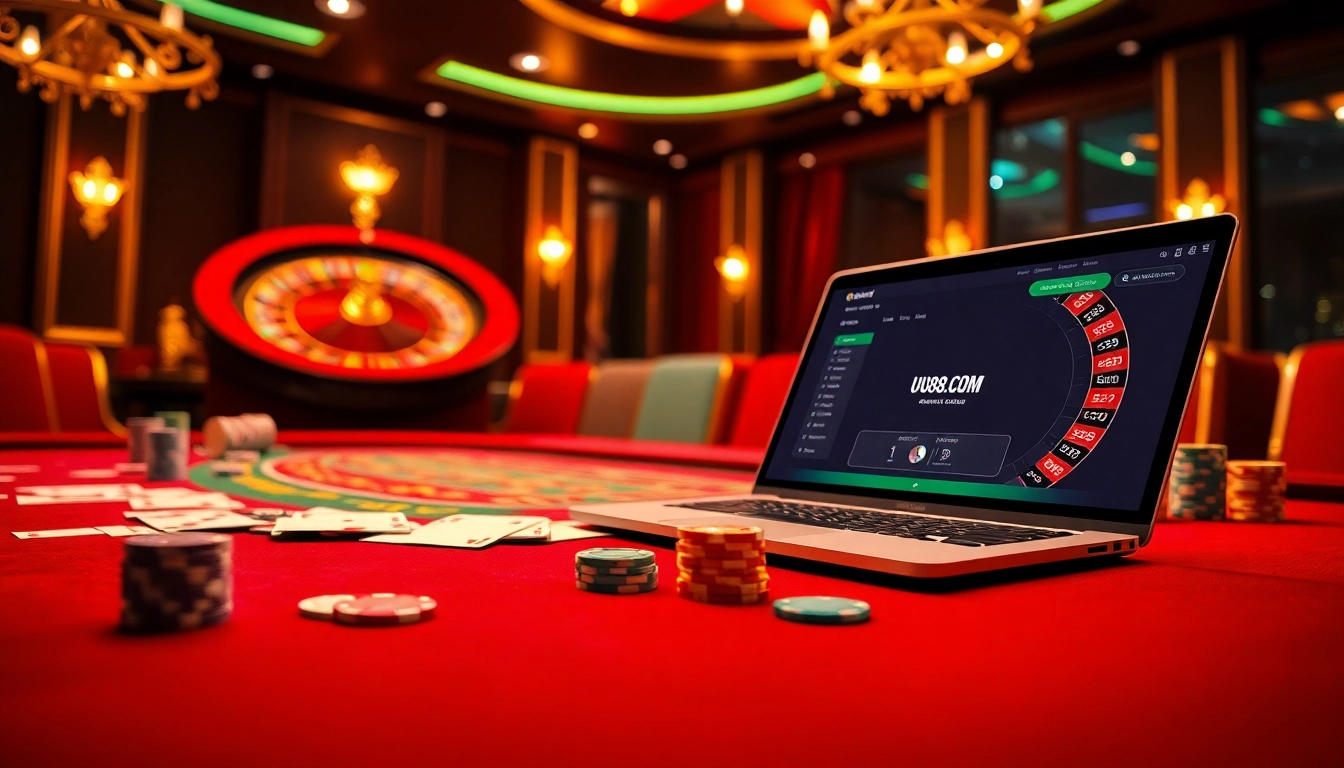 Engage with the dynamic online gambling experience at uu88.com, featuring a vibrant casino scene with cards and chips.