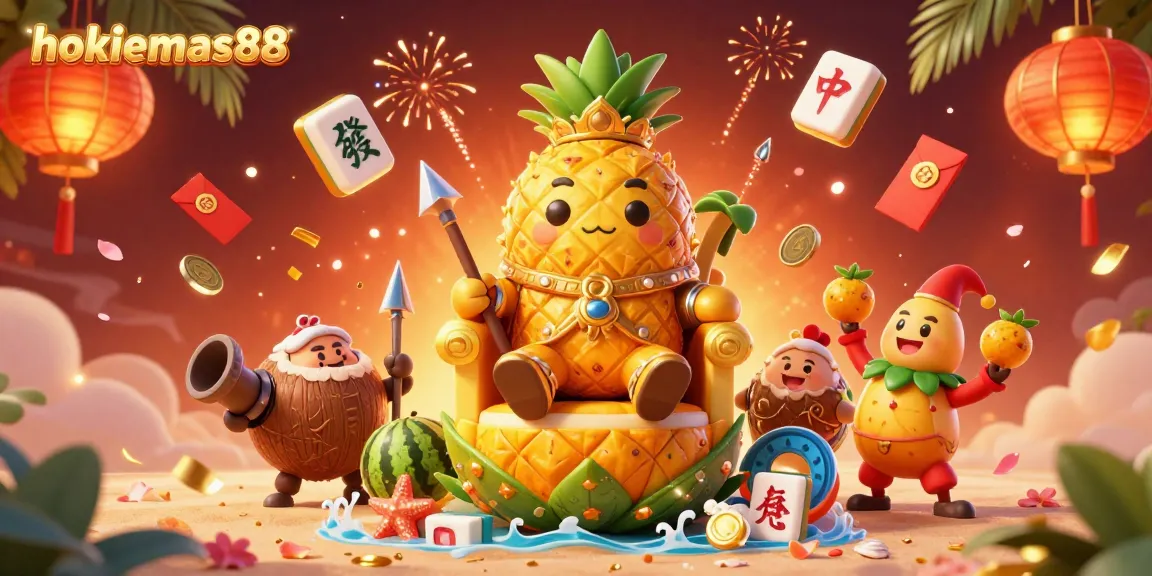 Join the vibrant world of hokiemas88 with a lively beach casino scene featuring a golden pineapple king and tropical guards