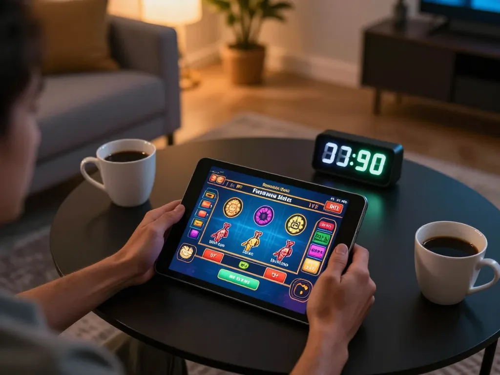 Engaging online gaming session at trang chủ fly88 with tablet displaying vibrant live casino games and responsible gaming elements.