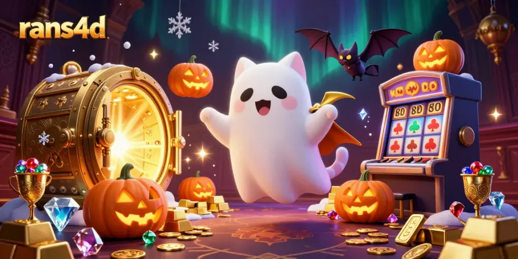 Mainkan rans4d dengan fitur mesin slot dan jackpot, dikelilingi kucing hantu dan kelelawar.