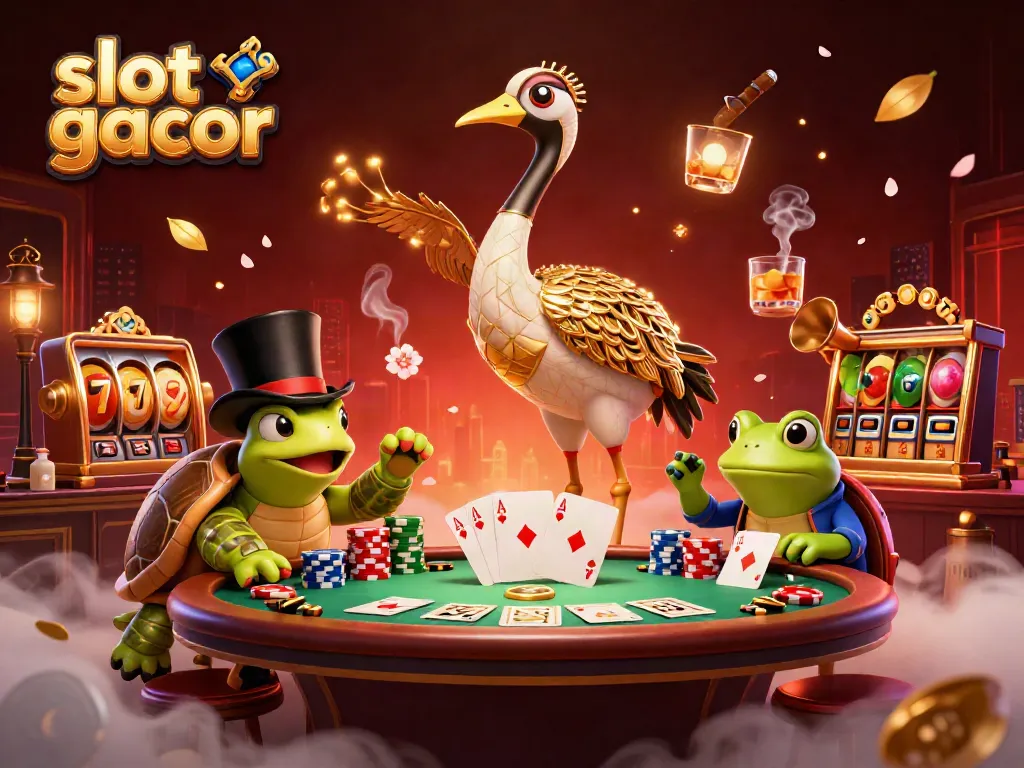 Engaging scene featuring slot gacor characters enjoying a lively casino environment with poker and slot elements.