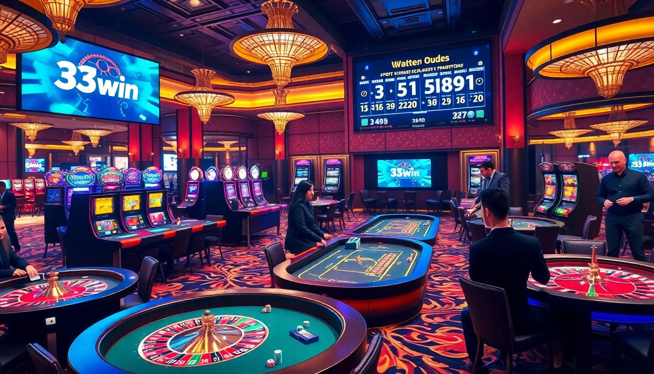 Playing high-stakes poker at 33win casino with vibrant lights and engaging atmosphere.