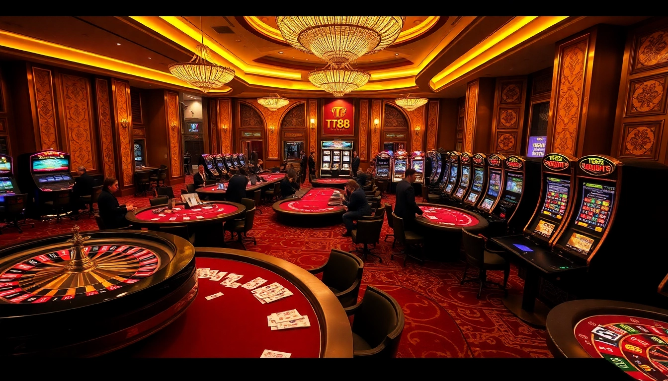 Experience the thrill of TT88 gaming as players engage with exciting roulette and poker tables in a luxurious casino.