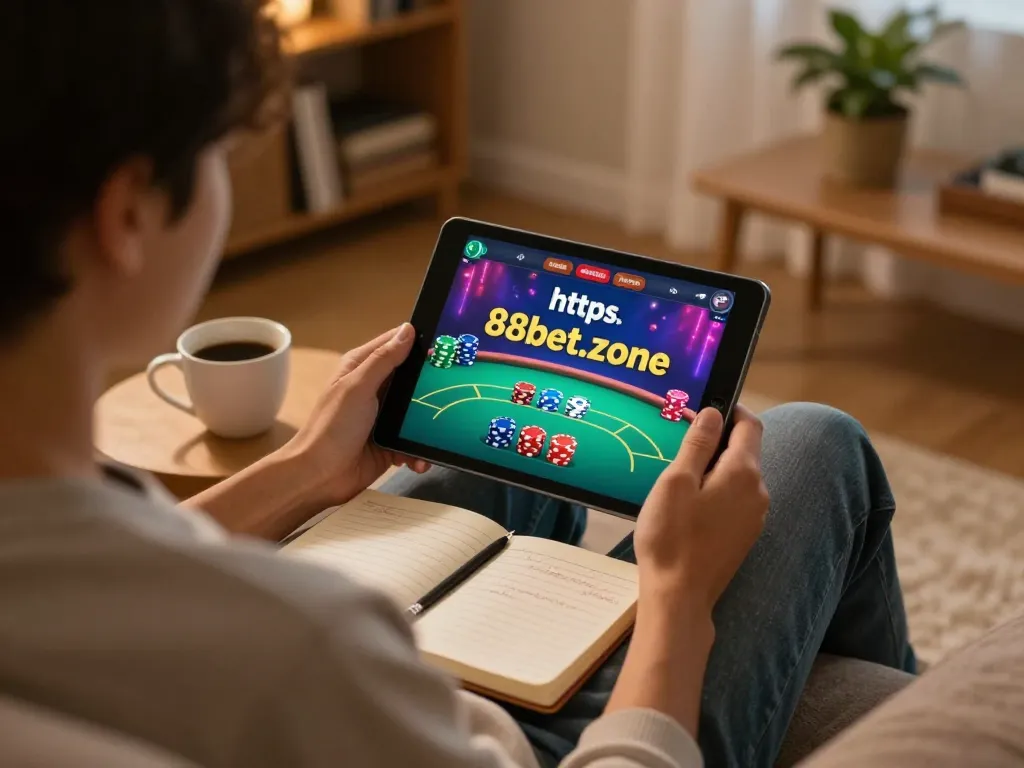 Engaged player using tablet at https://88bet.zone/ for online gambling, showcasing strategic gameplay with a cozy home backdrop.