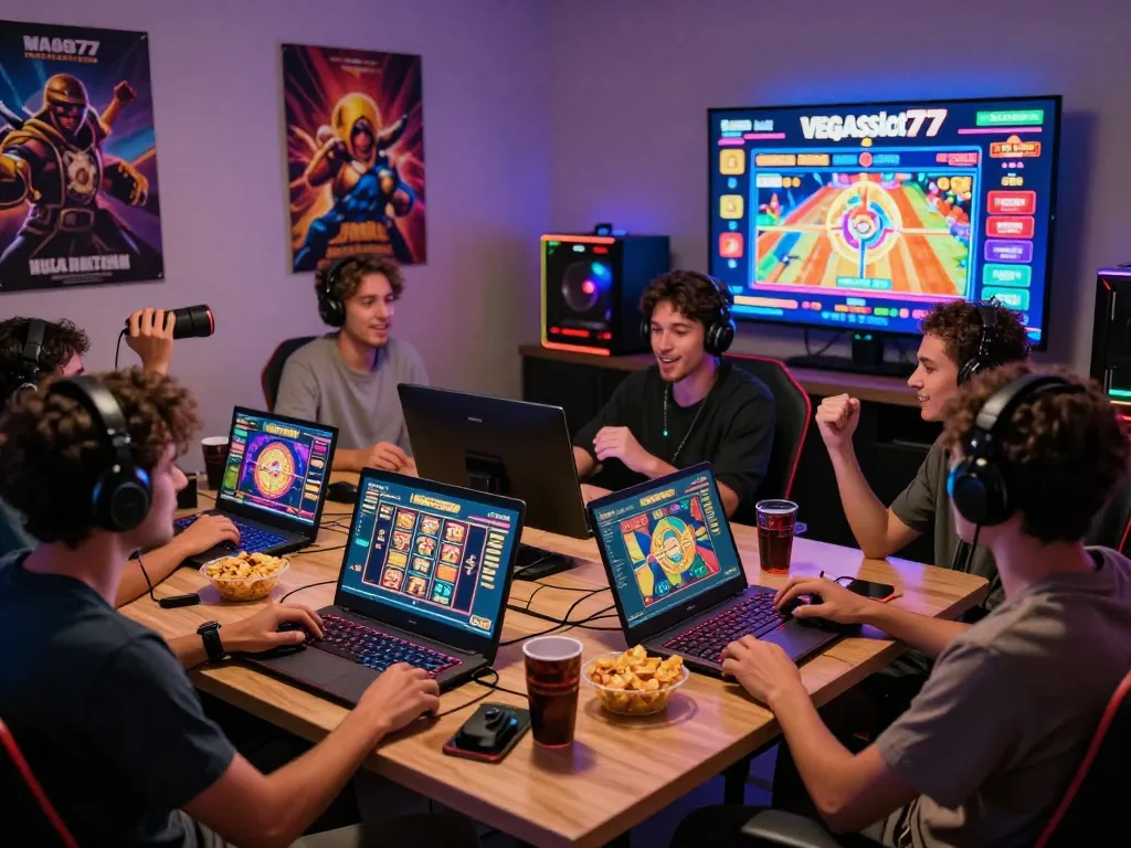 Players enjoying a thrilling gaming session on vegasslot77.com with colorful slot games.