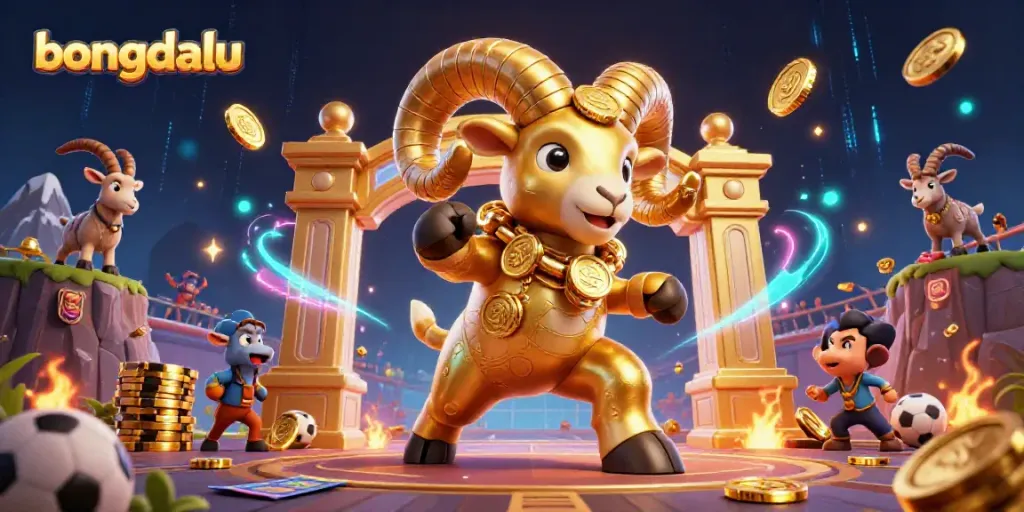 Experience the thrill of sports betting with Bongdalu's vibrant, action-packed scene featuring a charging golden ram.