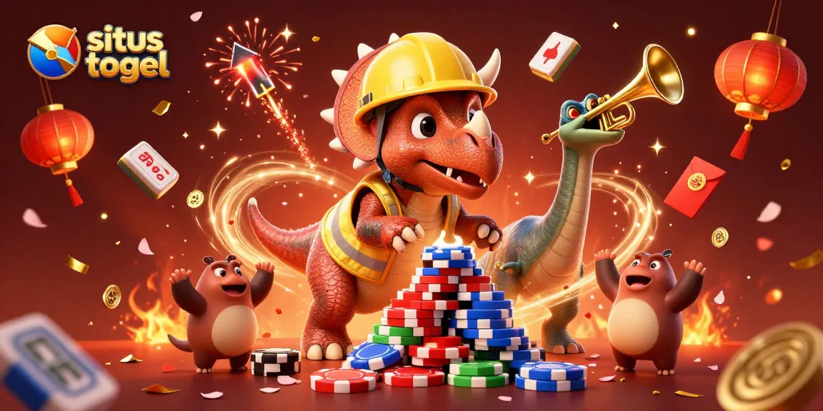 Merayakan pengalaman bermain situs togel dengan karakter kartun dinosaur yang menyenangkan dan elemen kemenangan yang berkilauan.