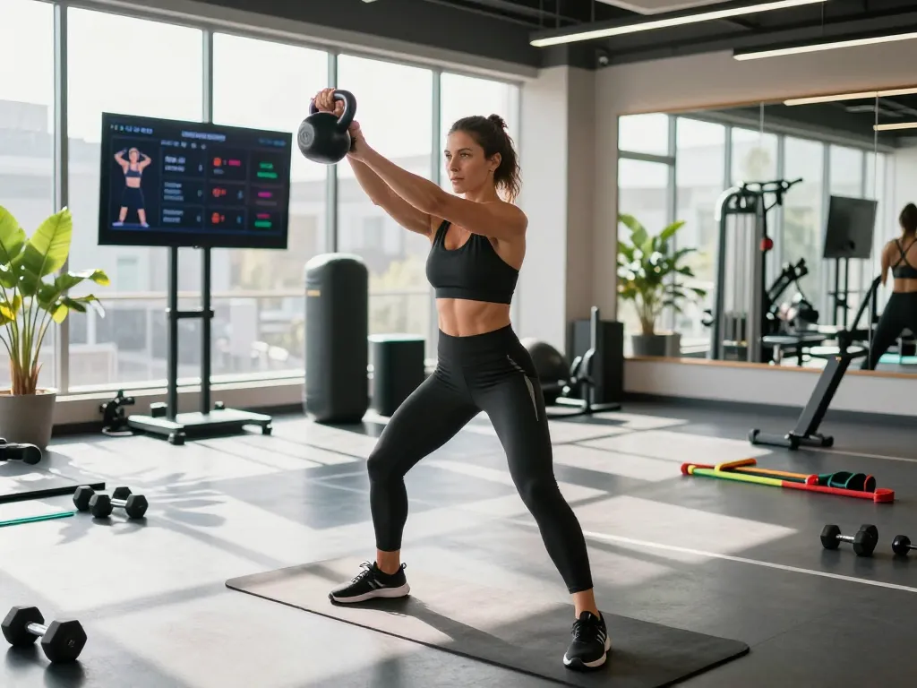Fitness influencer performing a kettlebell swing in a modern gym, embodying the BANDIT69 lifestyle.