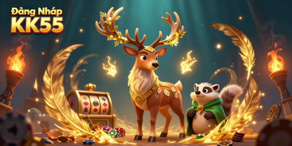 Experience the thrill of Đăng Nhập KK55 with a magical casino atmosphere showcasing a druid stag and vibrant game elements.