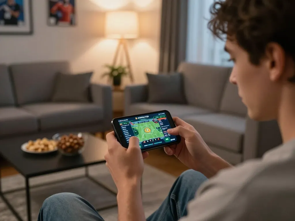 KADAL778 user engaged in live sports betting with smartphone in a cozy home setting
