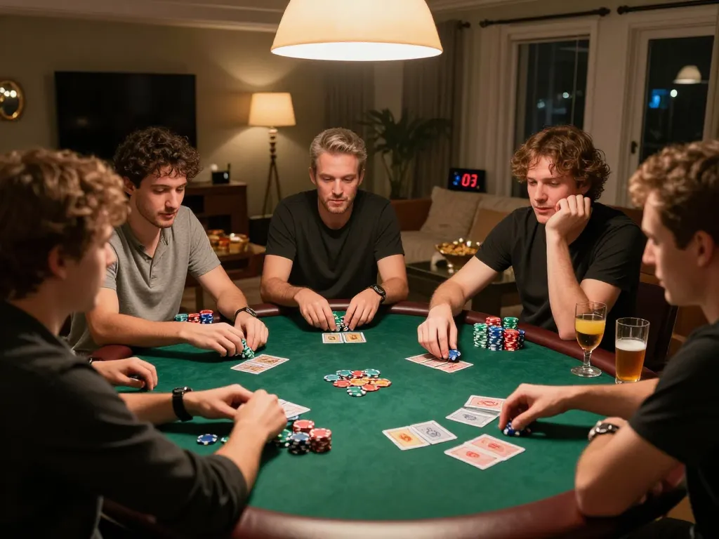Engaged players enjoying a home poker night at 789 club, filled with chips and cards.