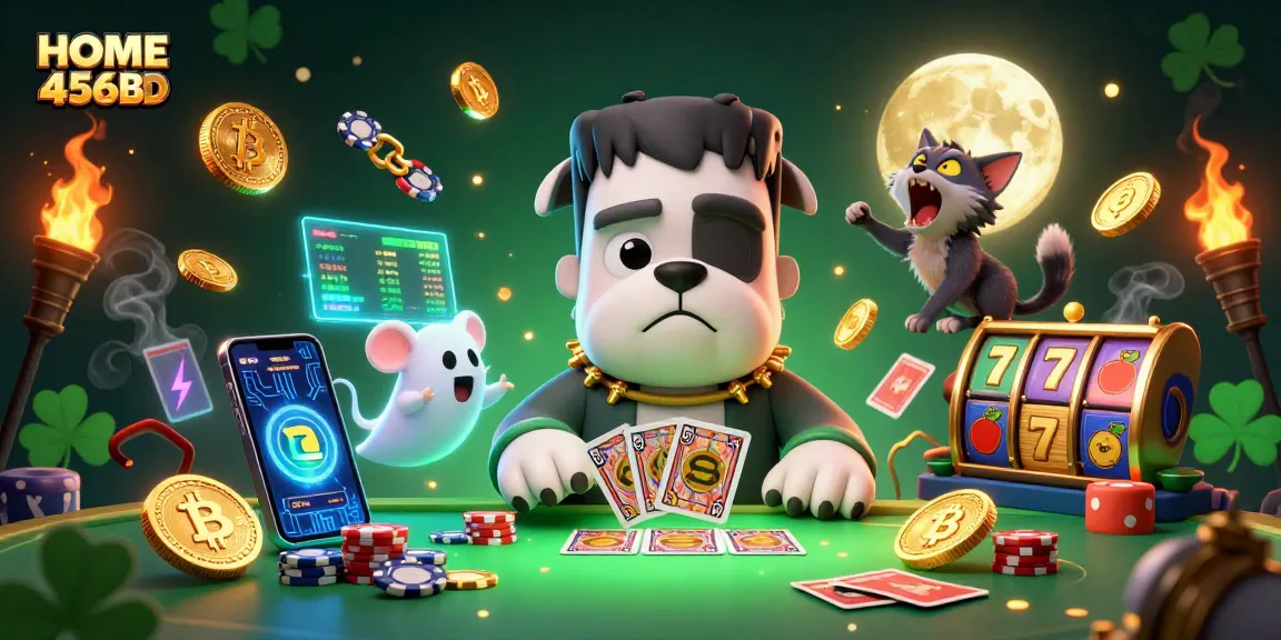 Experience thrilling card games with HOME 456BD featuring a cryptic bulldog dealer, slot reels, and unique characters.