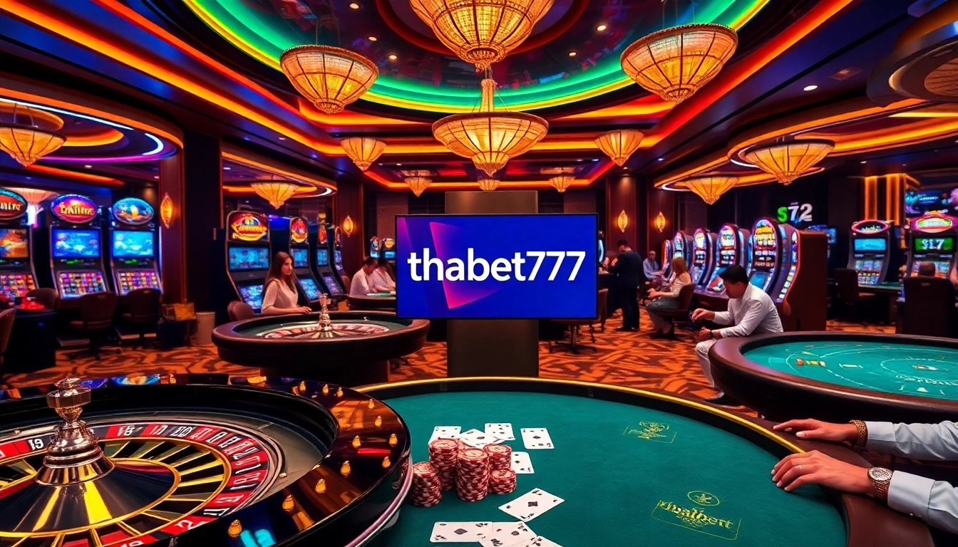 Players enjoying their experience at thabet777 casino with poker chips and slot machines visible.