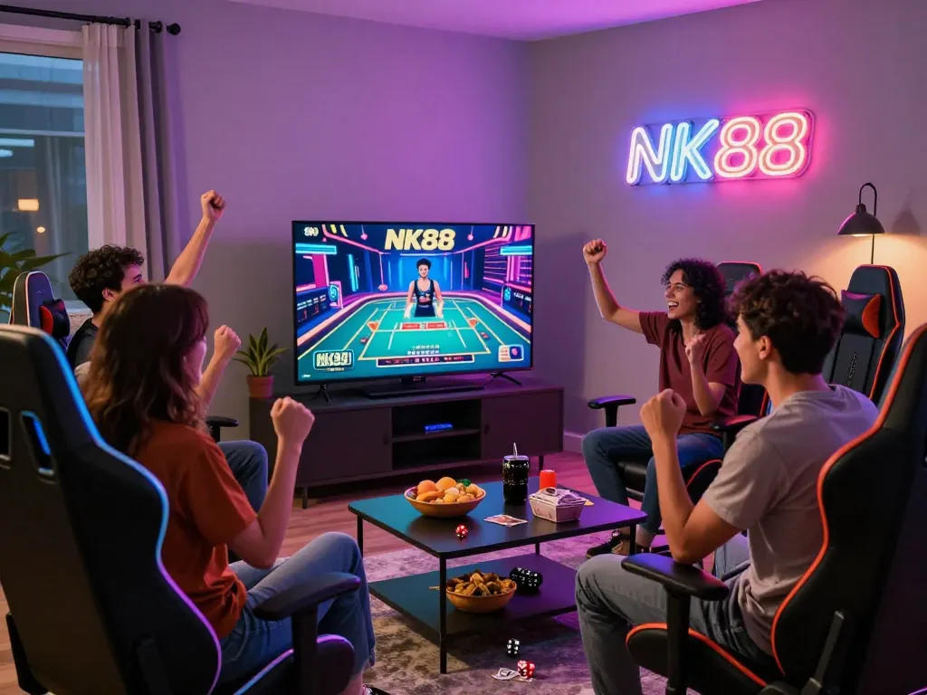Friends enjoying an exciting NK88 gaming session in a lively living room atmosphere.