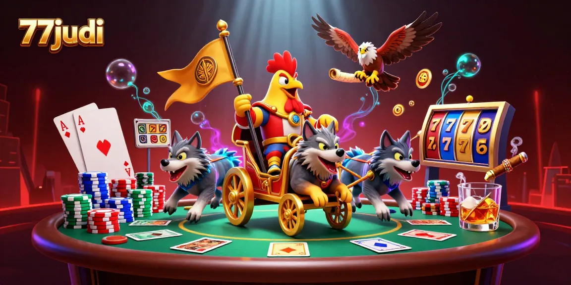 77judi unleashes an exhilarating 3D casino battle with a rooster warlord in action.