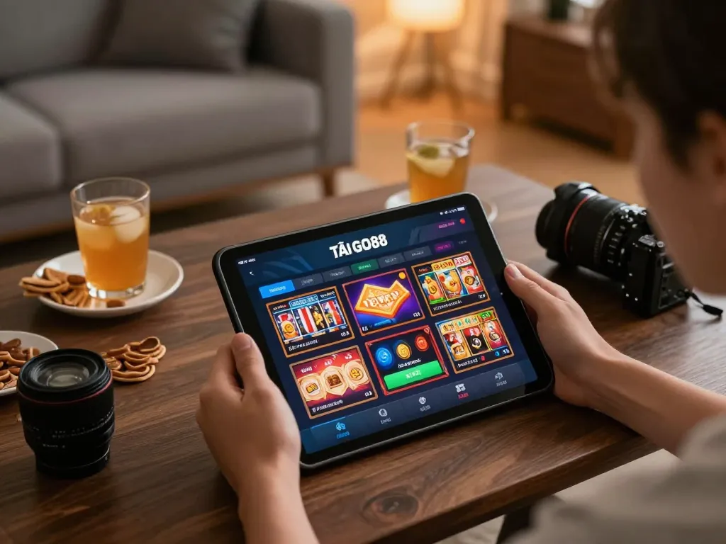 TẢI GO88 app interface displayed on a tablet during a warm and engaging online gaming session at home.