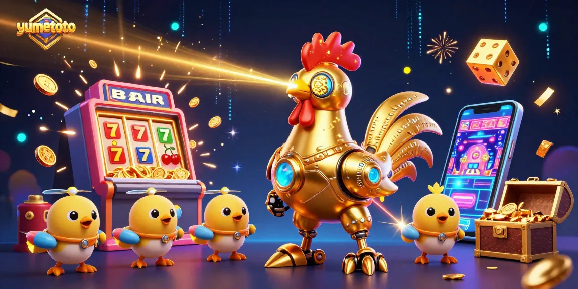 Win big at Yumetoto with the golden rooster robot and vibrant casino game explosion.
