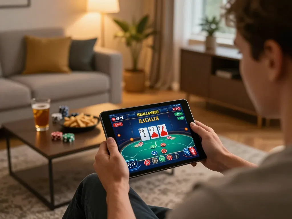 Engaging with the BERLIAN889 online casino while strategizing on a tablet in a cozy living room.