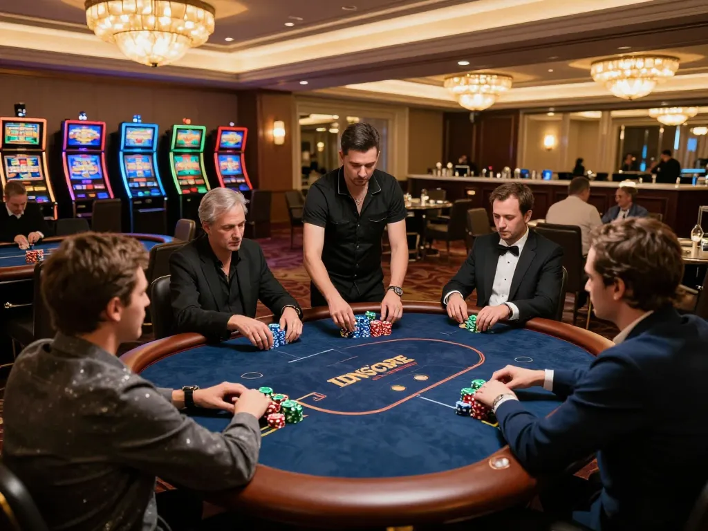 IDNSCORE poker players strategizing their bets in a luxurious casino environment, showcasing exciting gameplay