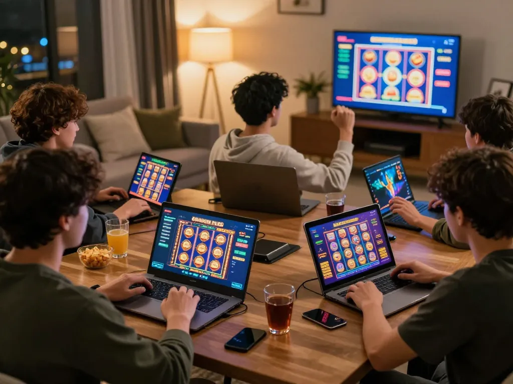 IDNSCORE players experience interactive gaming on modern devices in a cozy home setting.
