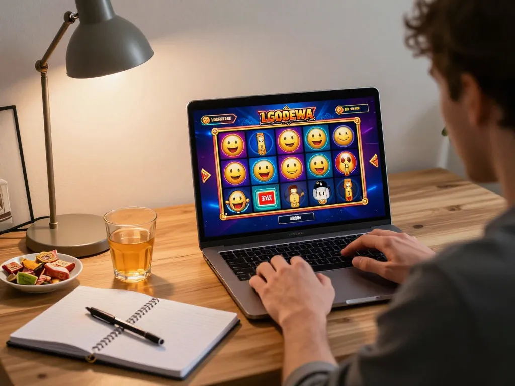 Engaging with LGODEWA online slots on a laptop, highlighting a strategic gaming experience at home.