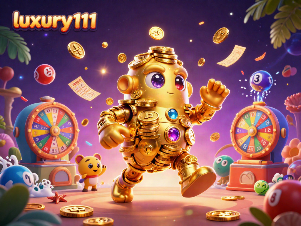 Engage with luxury111 in a vibrant casino scene featuring a golden golem and dynamic prize elements.
