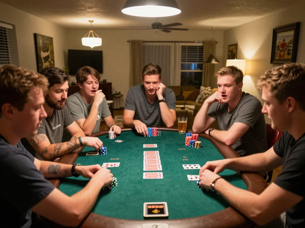 Players enjoy a thrilling poker game at home, showcasing llwin strategies for a social and competitive gambling night.