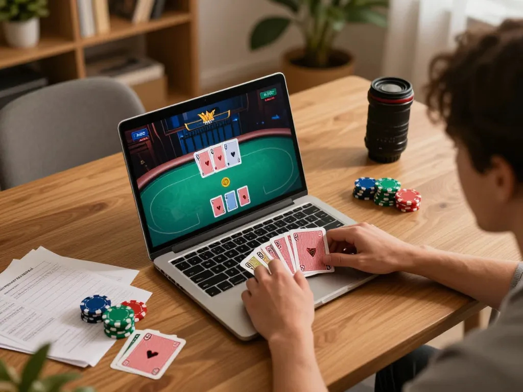 Player engaging in strategic online poker at home showcasing llwin gaming interface with cards and chips visible.