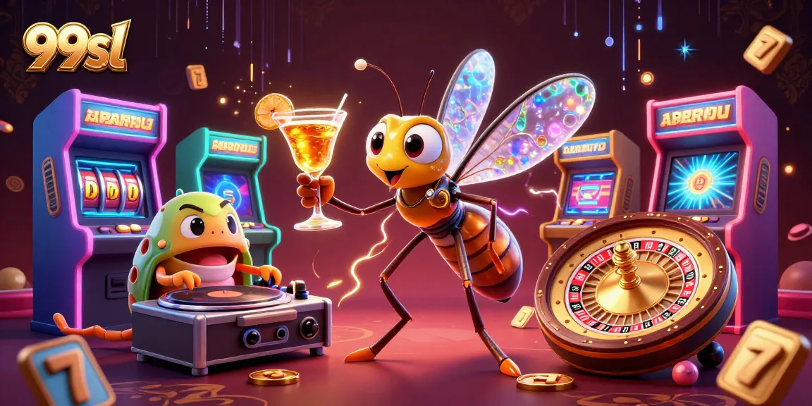 Engage in vibrant casino action with 99sl, where a frozen mosquito mascot embraces a golden cocktail among dynamic game elements.
