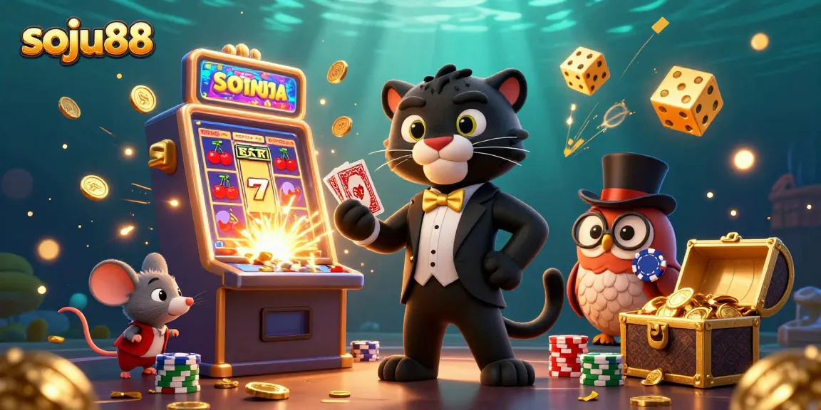 Join the exciting world of Soju88 with a lively illustration showcasing a panther dealing cards amid casino elements.